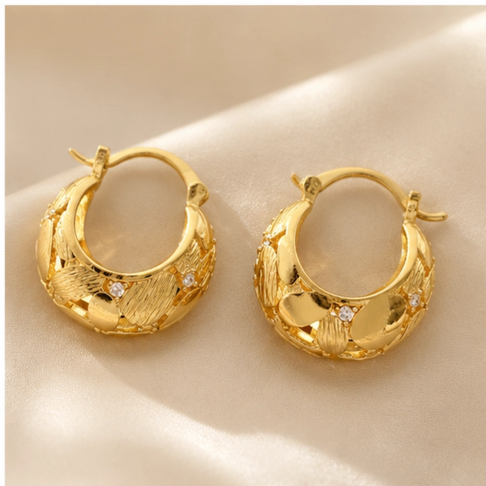 Gold Stainless Steel Textured Leaf Rhinestone Huggie Hoop Earrings 1