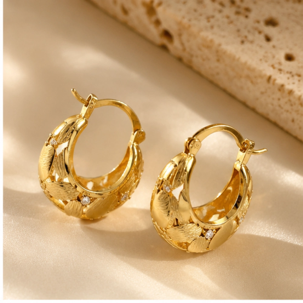 Gold Stainless Steel Textured Leaf Rhinestone Huggie Hoop Earrings 2