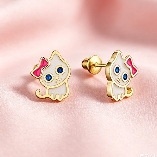 Cute White Cat Bow Enamel Stud Earrings