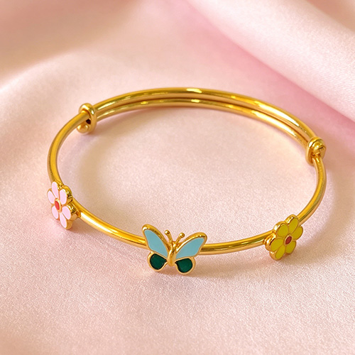 Enamel Butterfly Floral Adjustable Gold Bangle