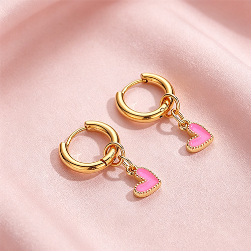Hot Pink Enamel Heart Dangle Hoop Earrings
