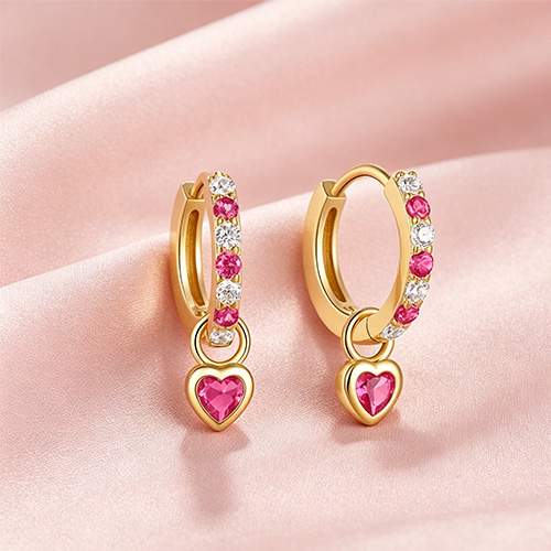 Pink Crystal Heart Dangle Rhinestone Hoop Earrings
