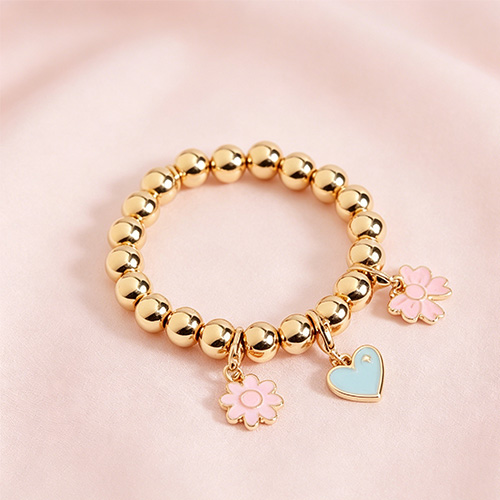 Pink Sakura Heart Gold Bead Stretch Bracelet