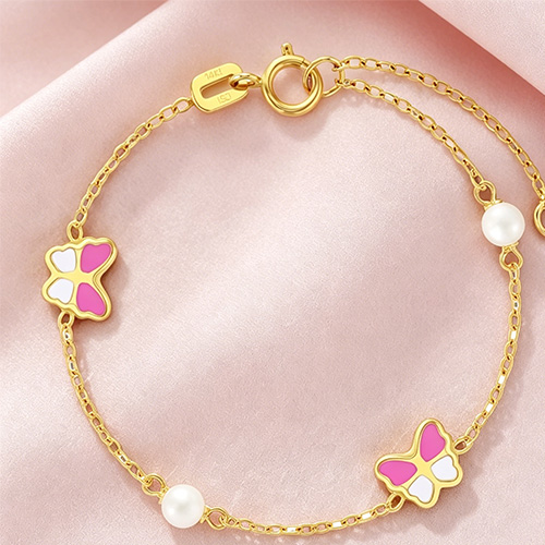 Pink White Enamel Butterfly Pearl Gold Bracelet