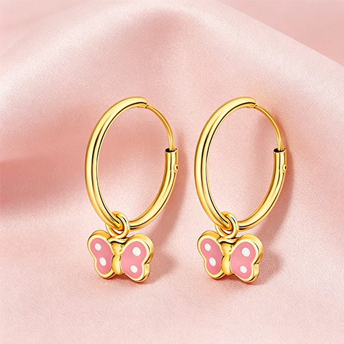 Sweet Kids Pink Polka Dot Butterfly Enamel Hoop Earrings