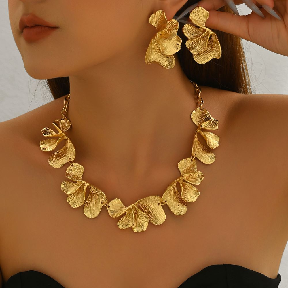 Alloy Textured Ginkgo Leaf Necklace Earring Se 2