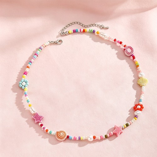 Rainbow Seed Bead Ocean Star Flower Pearl Necklace