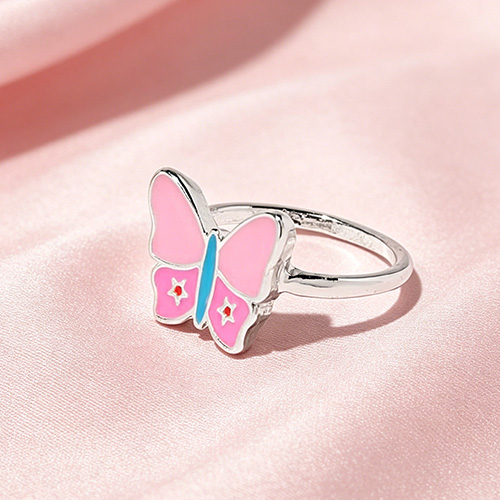 Silver Pink Enamel Butterfly Ring